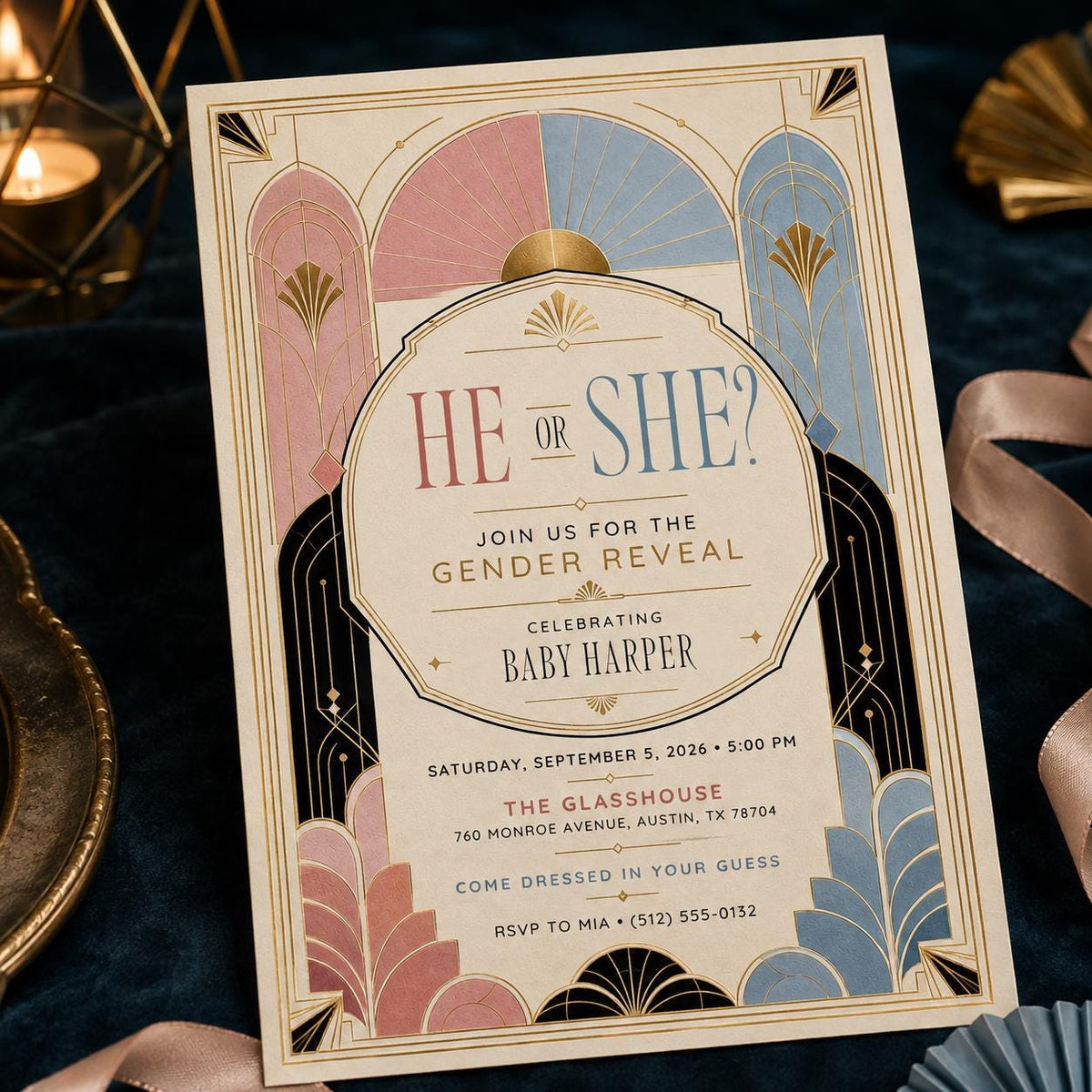 Pink and Blue Art Deco Gender Reveal Invitation — digital invitation, instant download