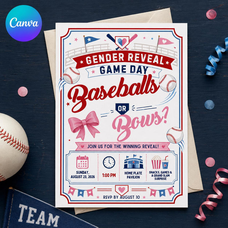Pink and Blue Baseballs or Bows Gender Reveal Invitation