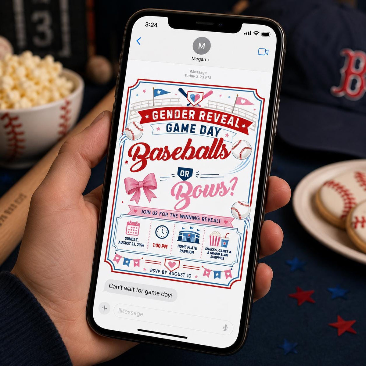 Pink and Blue Baseballs or Bows Gender Reveal Invitation — digital invitation, instant download