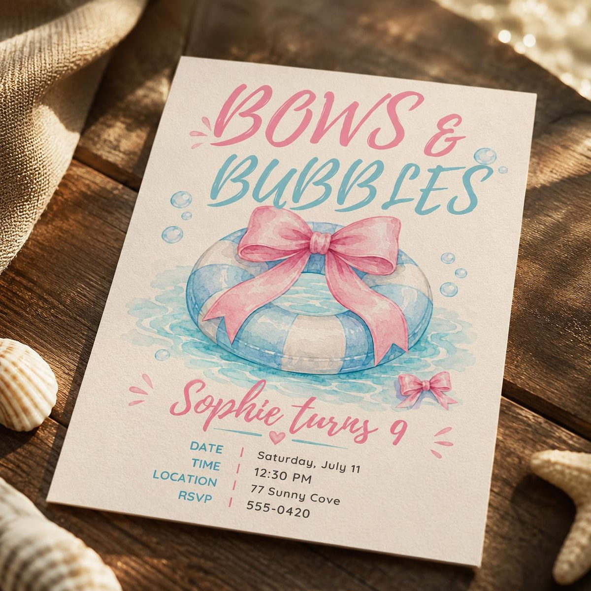 Pink and Blue Bows and Bubbles 9th Birthday Invitation for Girls — digital invitation, instant download