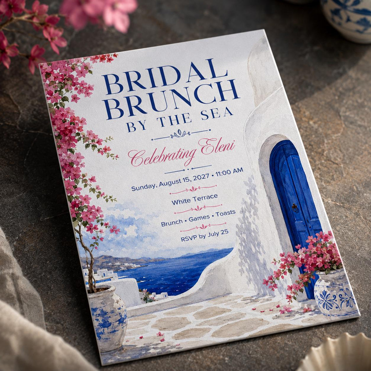 Pink and Blue Bridal Brunch Invitation — digital invitation, instant download