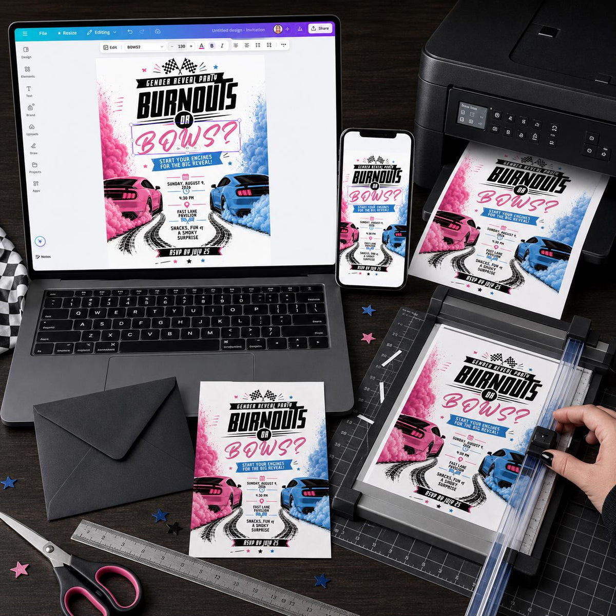 Pink and Blue Burnouts or Bows Gender Reveal Invitation — digital invitation, instant download