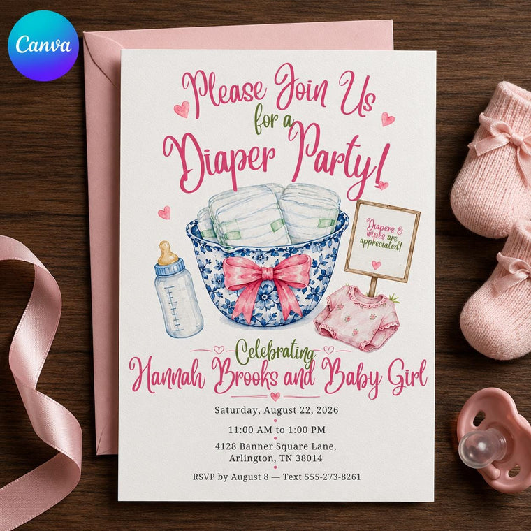 Pink and Blue Diaper Party Invitation for Girls