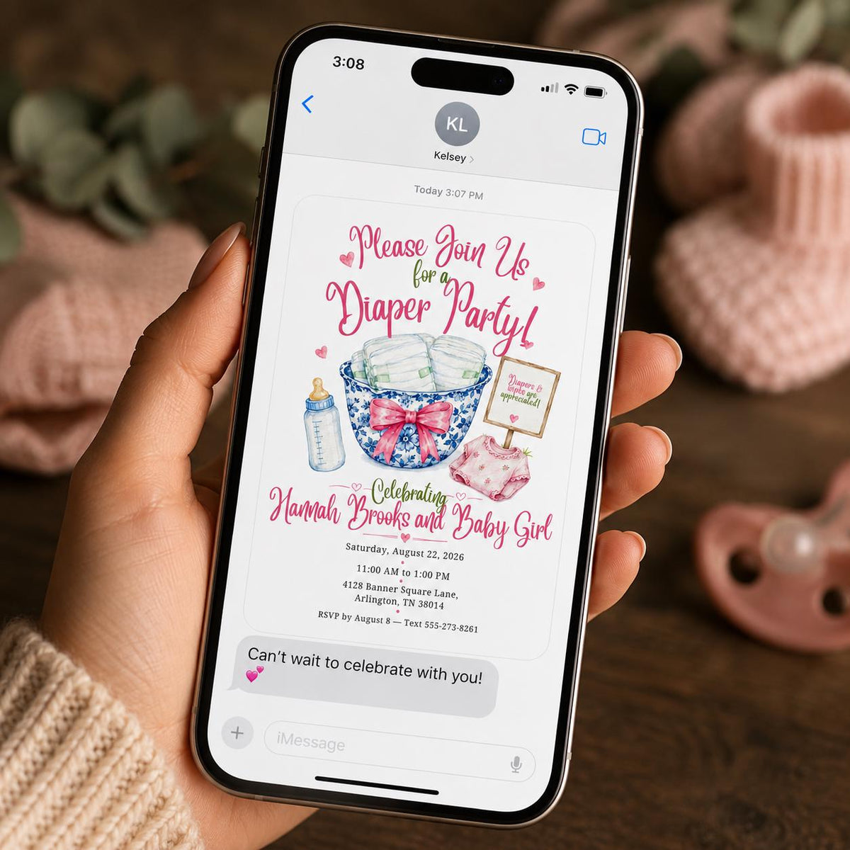 Pink and Blue Diaper Party Invitation for Girls — print-ready baby shower design from VoltBy