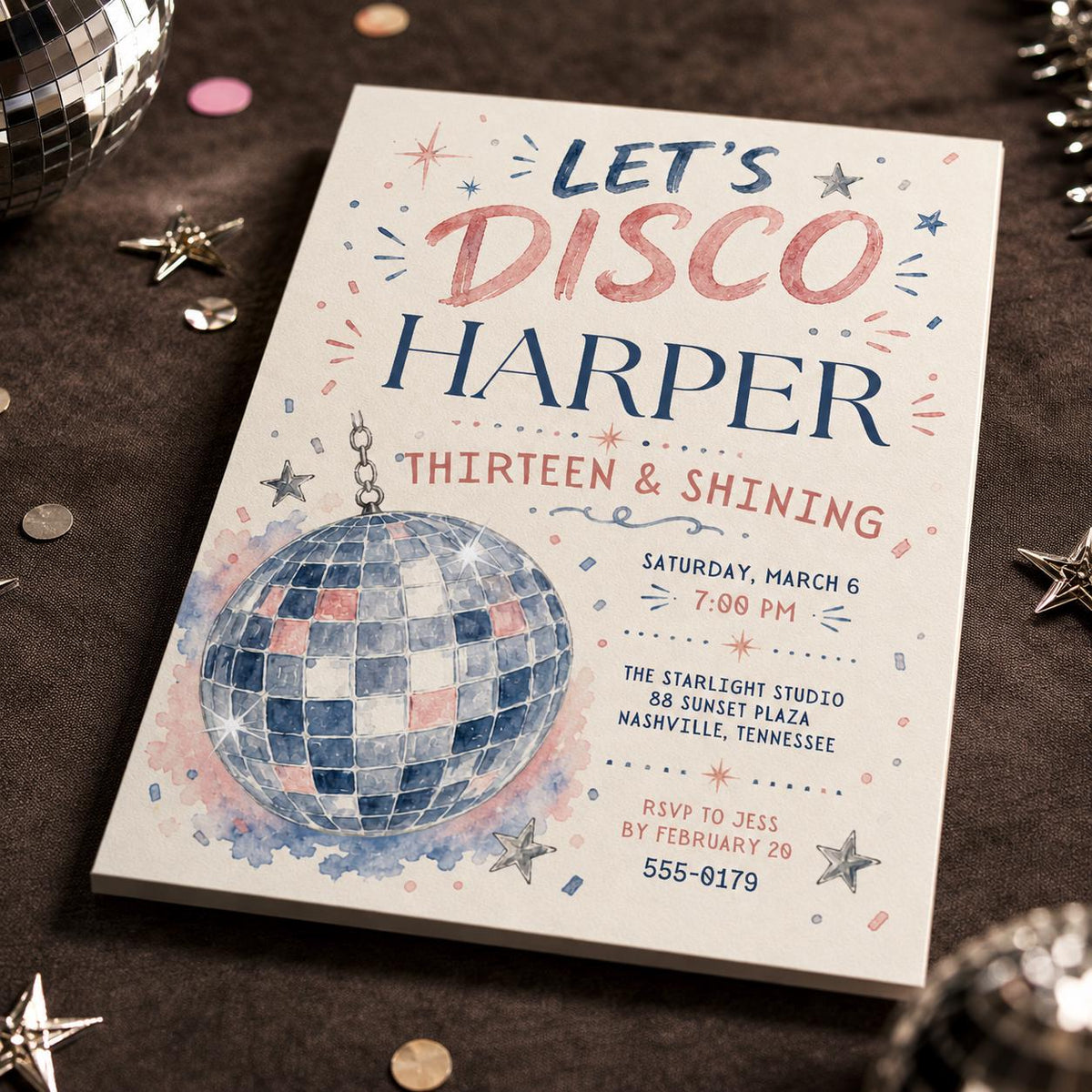 Pink and Blue Disco 13th Birthday Invitation for Girls — digital invitation, instant download