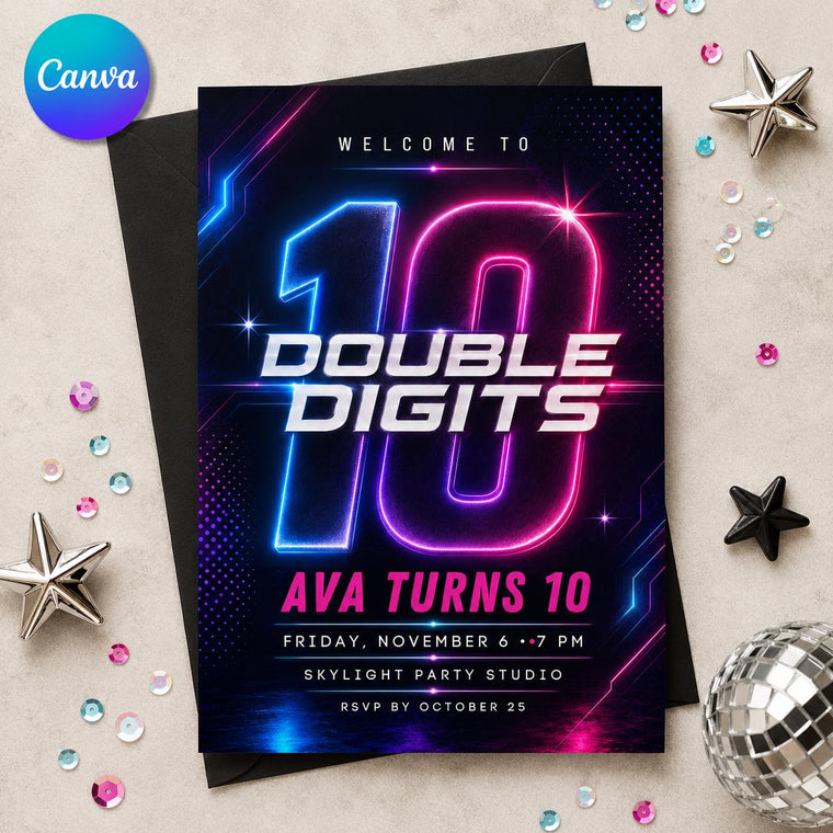 Pink and Blue Double Digits 10th Birthday Invitation