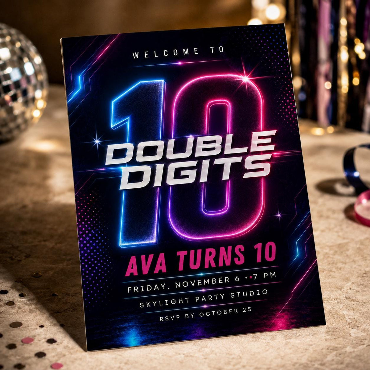 Pink and Blue Double Digits 10th Birthday Invitation — digital invitation, instant download