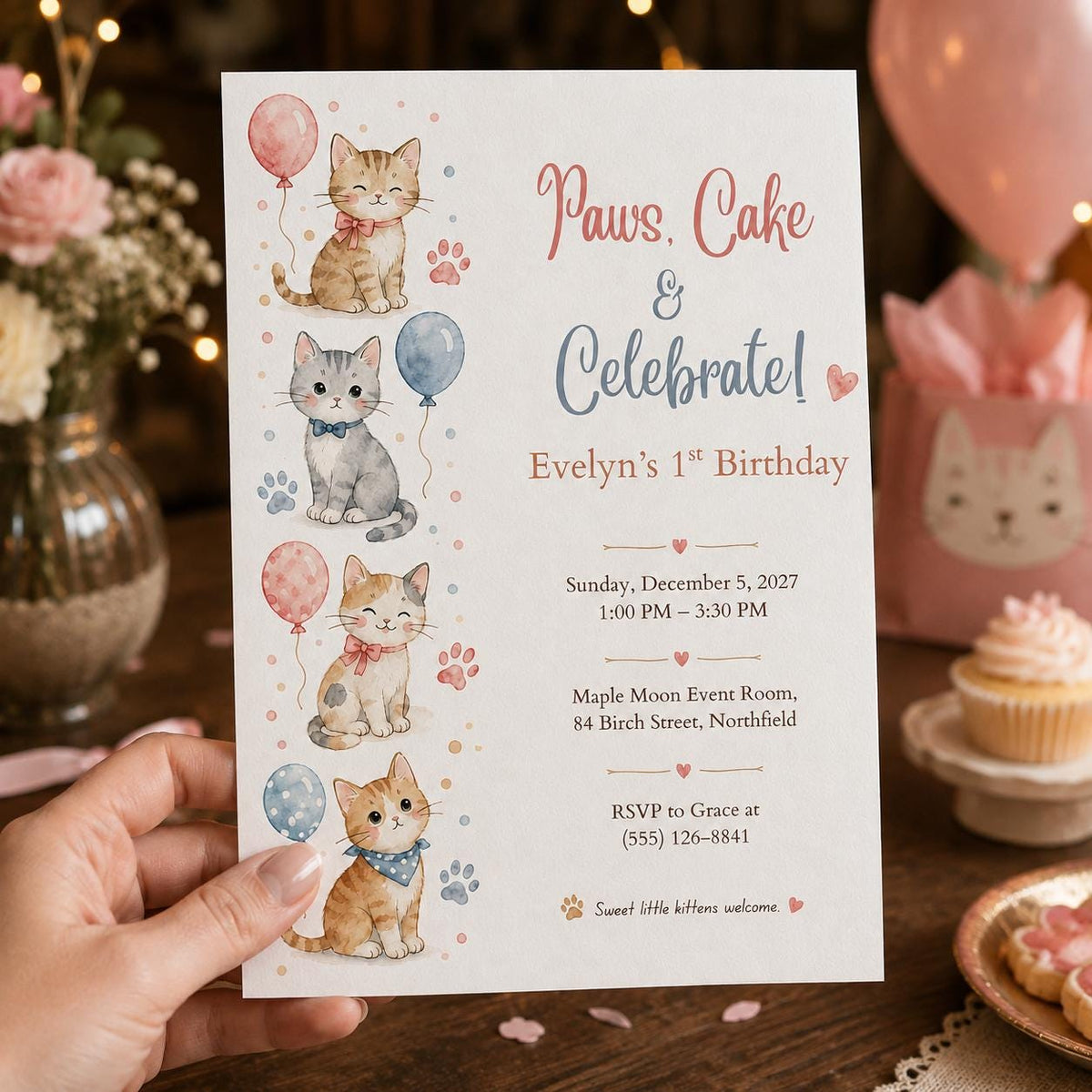 Pink and Blue First Birthday Cat Invitation — digital invitation, instant download