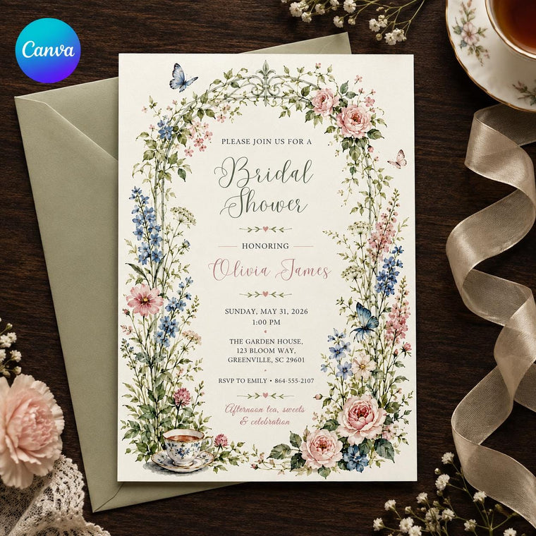 Pink and Blue Floral Bridal Shower Invitation