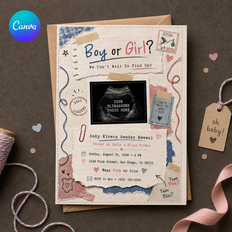 Pink and Blue Gender Reveal Invitation with Ultrasound Photo for Girls