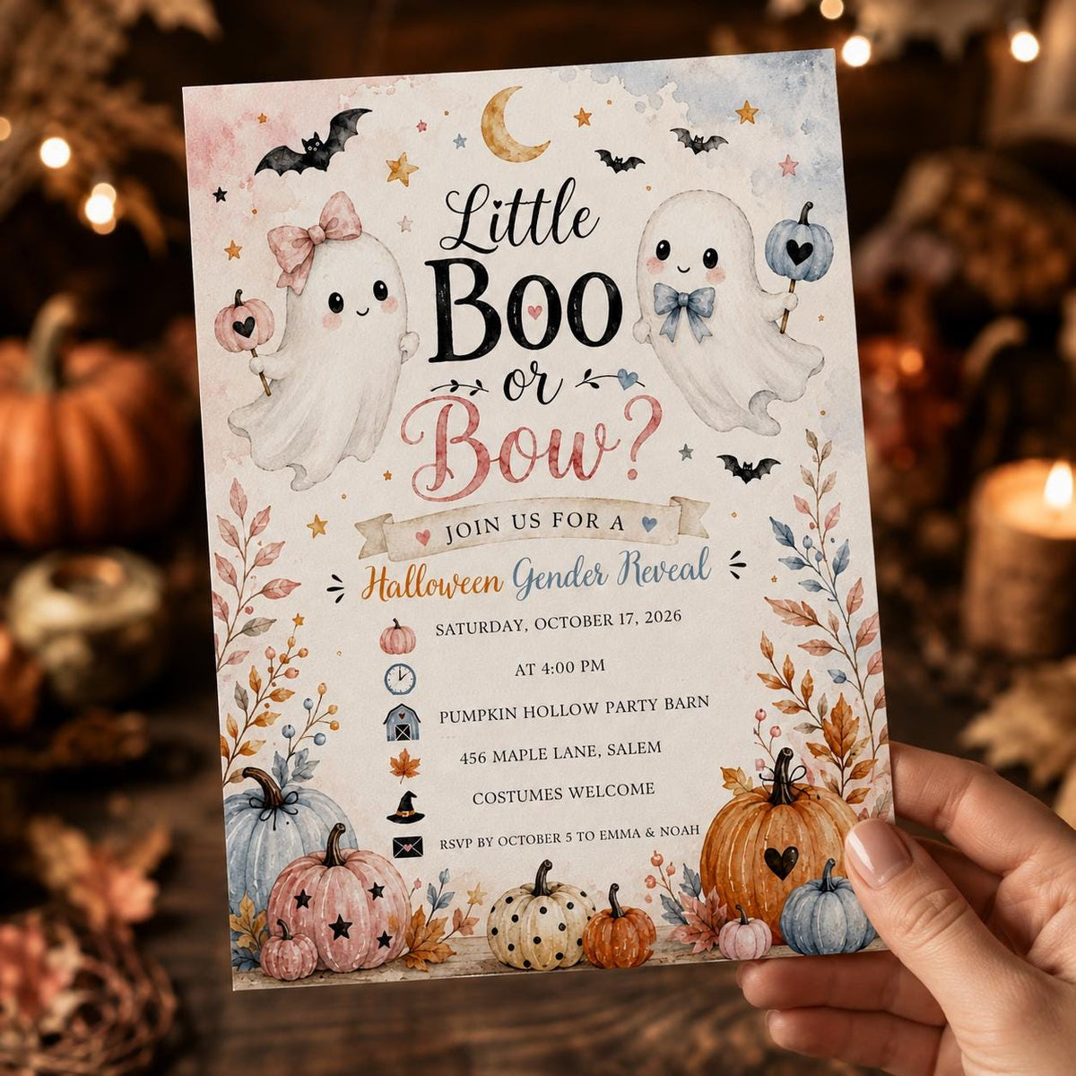 Pink and Blue Little Boo or Bow Gender Reveal Invitation — digital invitation, instant download