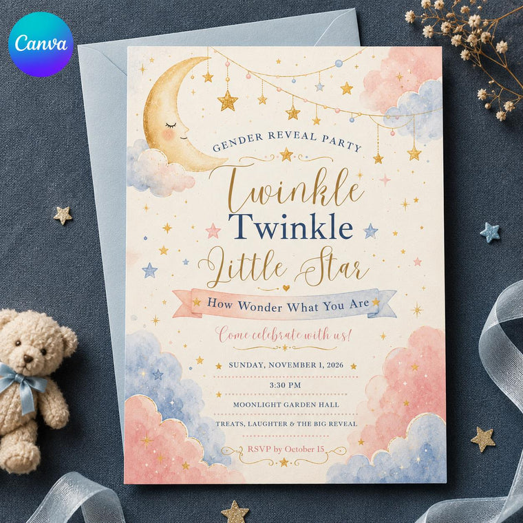 Pink and Blue Moon and Stars Gender Reveal Invitation