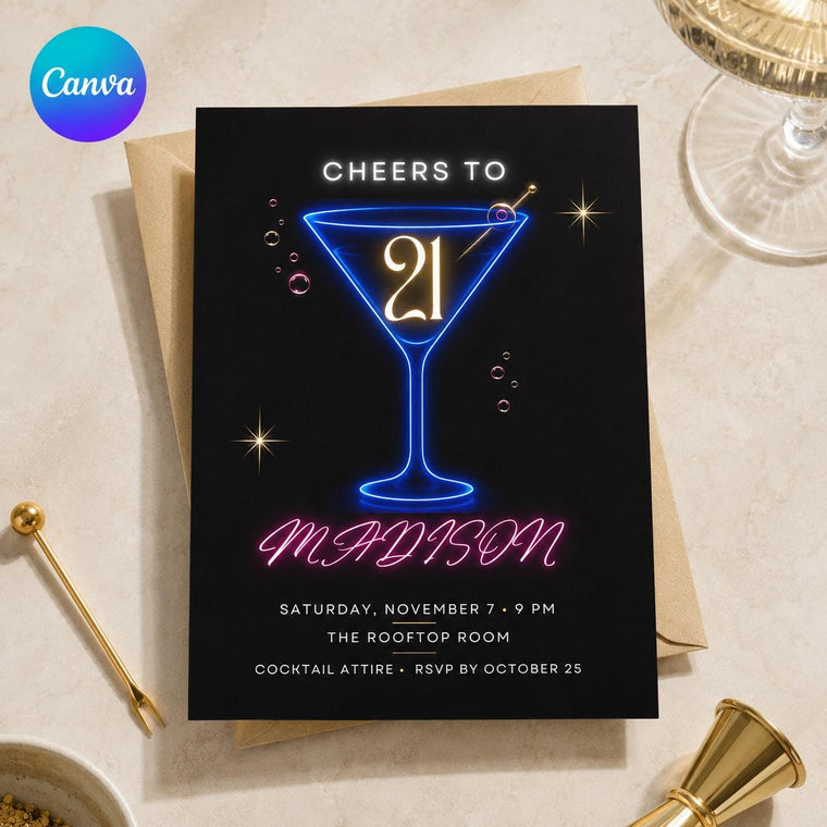 Pink and Blue Neon 21st Birthday Invitation