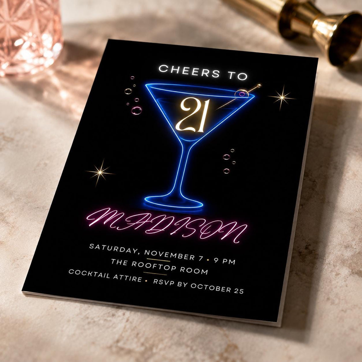 Pink and Blue Neon 21st Birthday Invitation — cocktail artwork in black