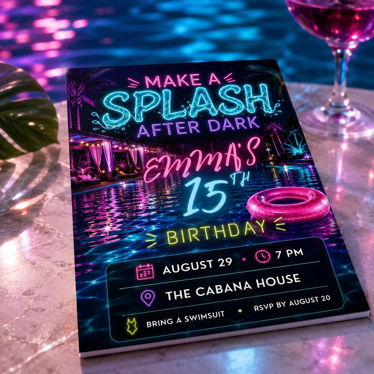 Pink and Blue Neon Pool Party 15th Birthday Invitation — 15th birthday party stationery by VoltBy