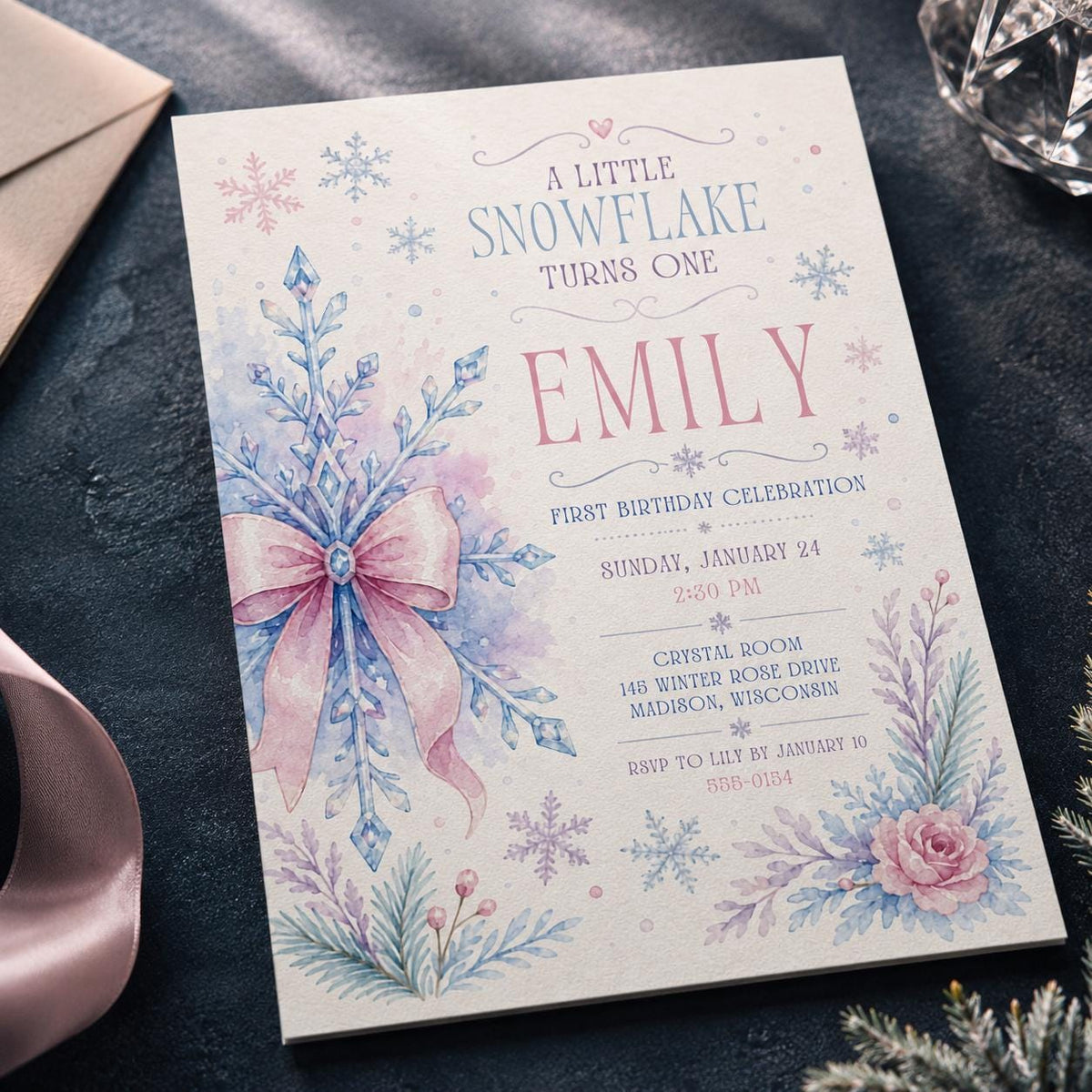 Pink and Blue Snowflake First Birthday Invitation for Girls — digital invitation, instant download