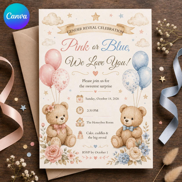 Pink and Blue Teddy Bear Gender Reveal Invitation