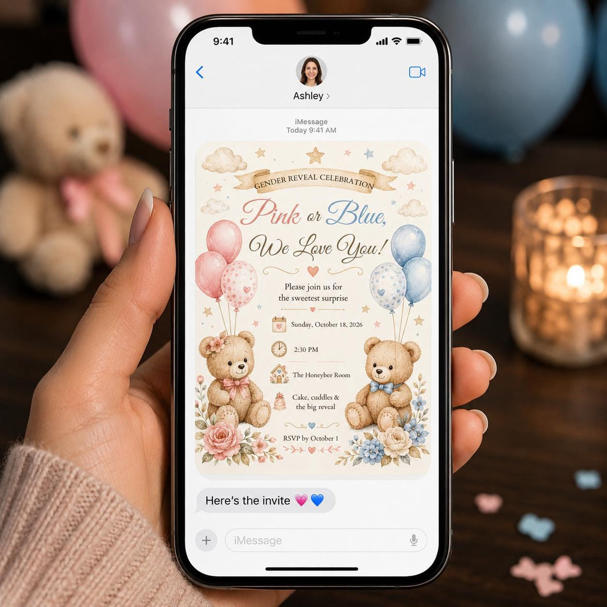 Pink and Blue Teddy Bear Gender Reveal Invitation — print-ready gender reveal design from VoltBy