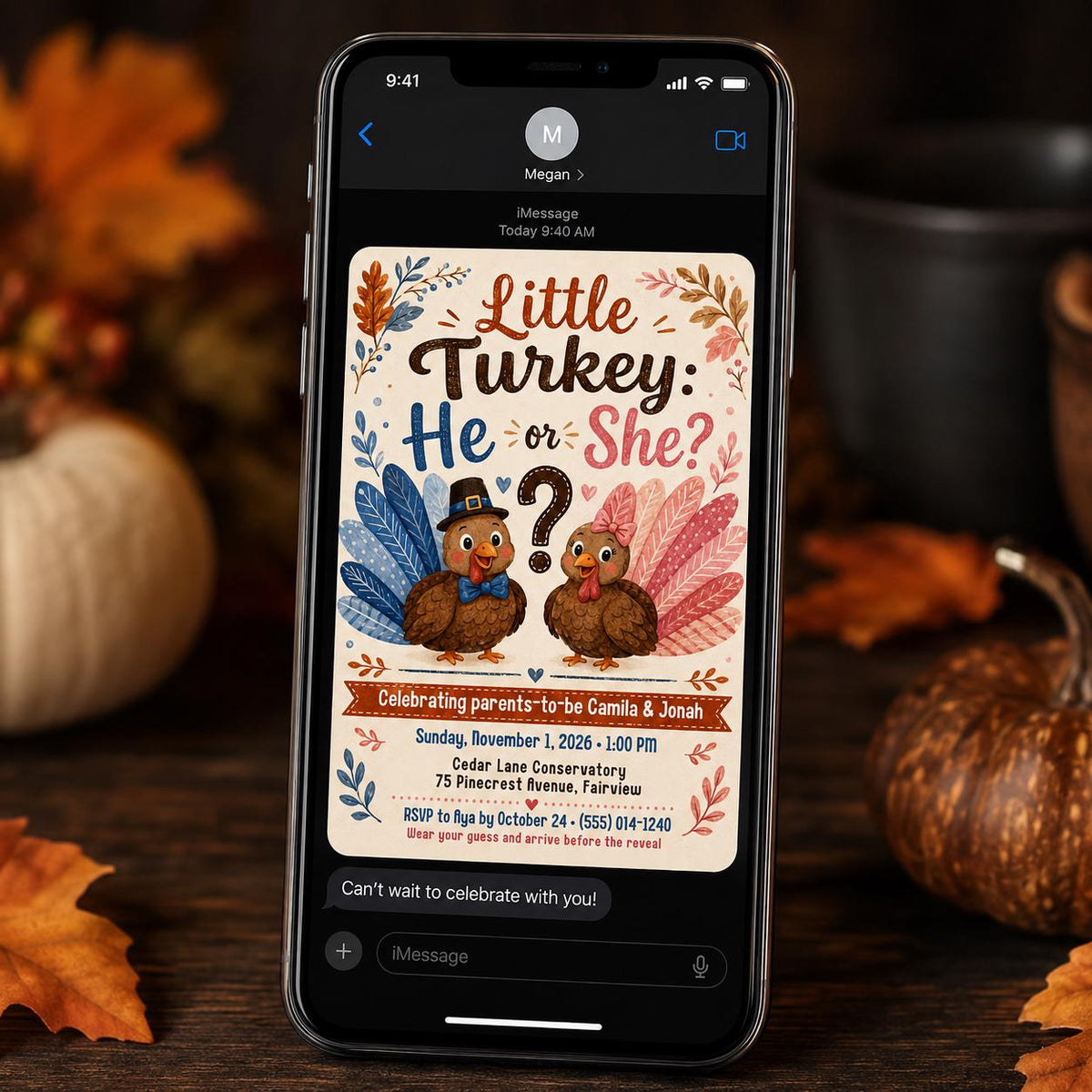 Pink and Blue Turkey Gender Reveal Invitation — gender reveal stationery by VoltBy