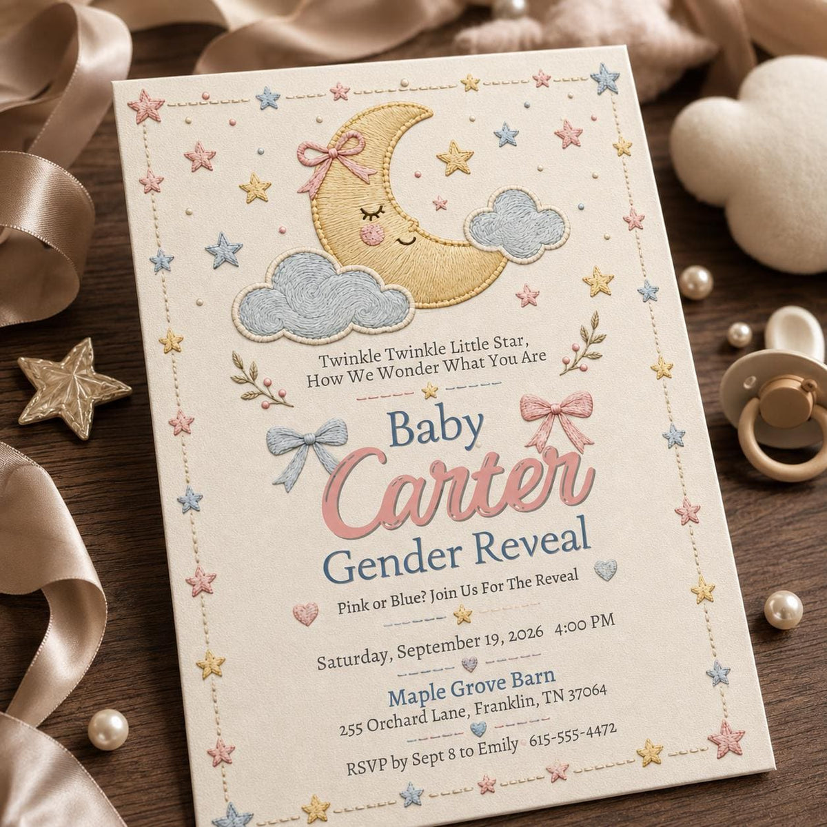 Pink and Blue Twinkle Little Star Gender Reveal Invitation — print-ready gender reveal design from VoltBy