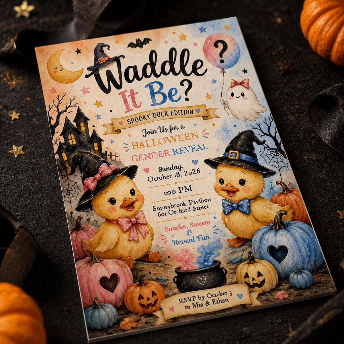 Pink and Blue Waddle It Be Gender Reveal Invitation — digital invitation, instant download