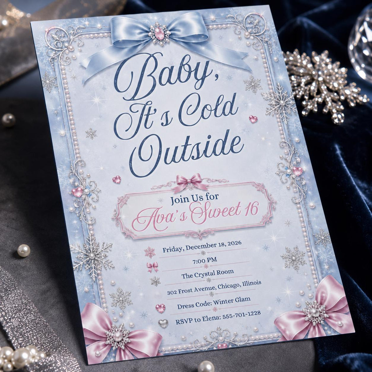 Pink and Blue Winter Wonderland Sweet 16 Invitation — print-ready sweet 16 design from VoltBy