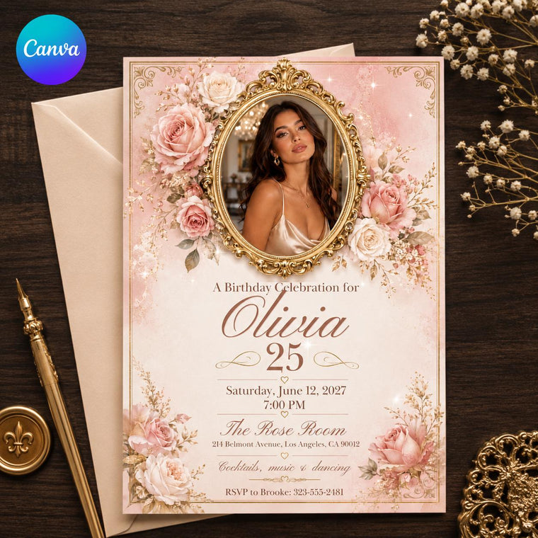 Pink and Gold 25th Birthday Invitation