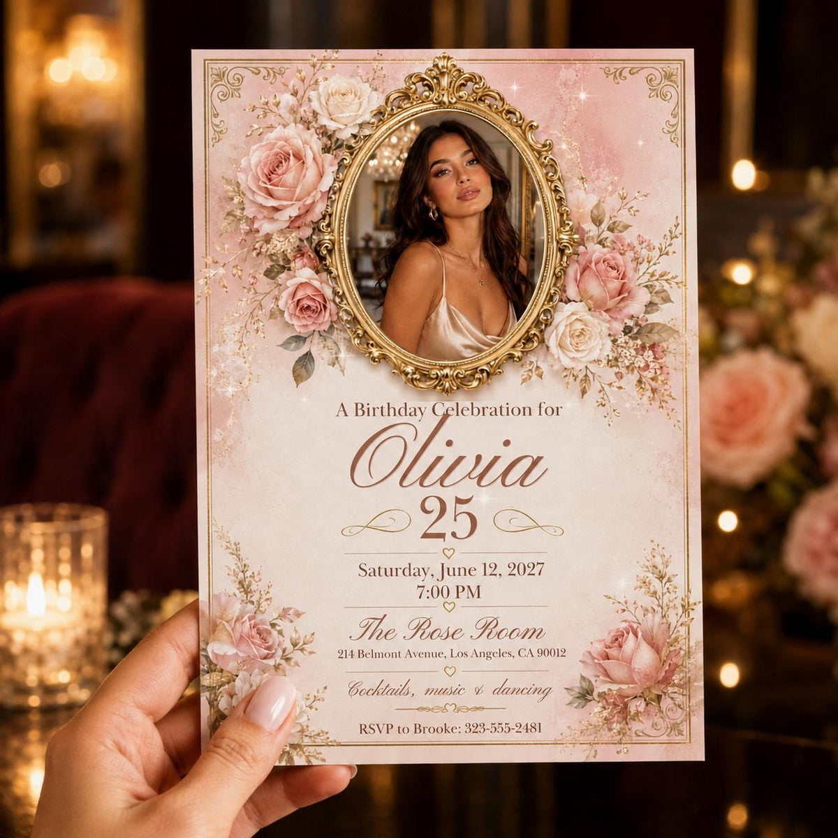 Pink and Gold 25th Birthday Invitation — print-ready 25th birthday party design from VoltBy