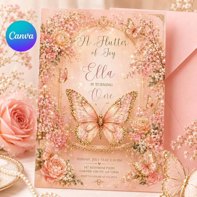 Pink and Gold A Flutter Of Joy 1st Birthday Invitation for Girls