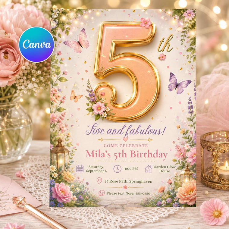 Pink and Gold Five and Fabulous 5th Birthday Invitation for Girls