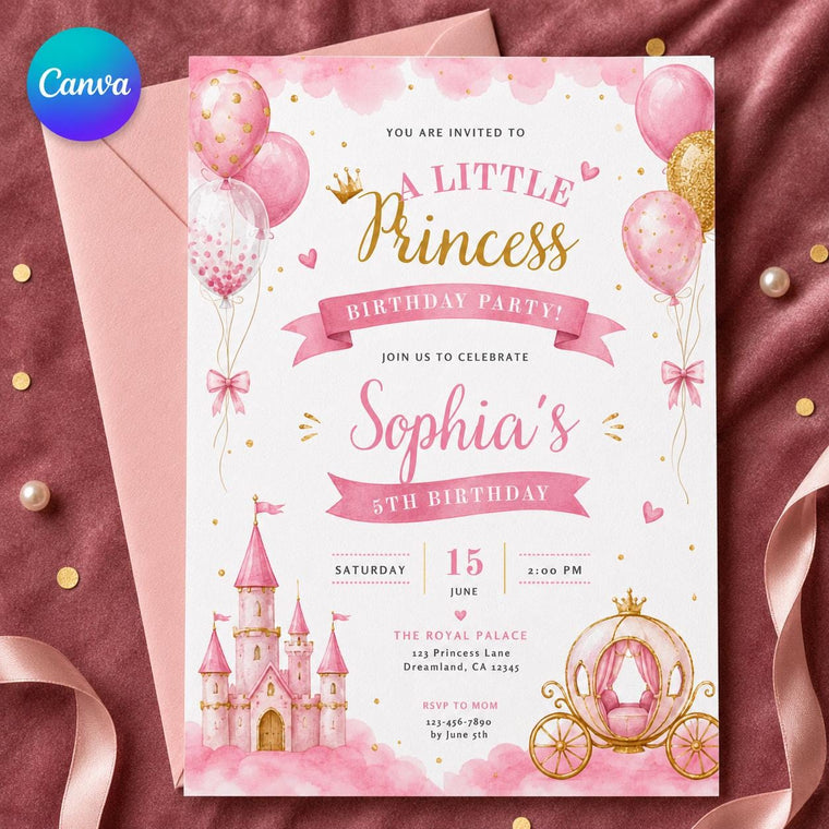 Pink and Gold Princess 5th Birthday Invitation