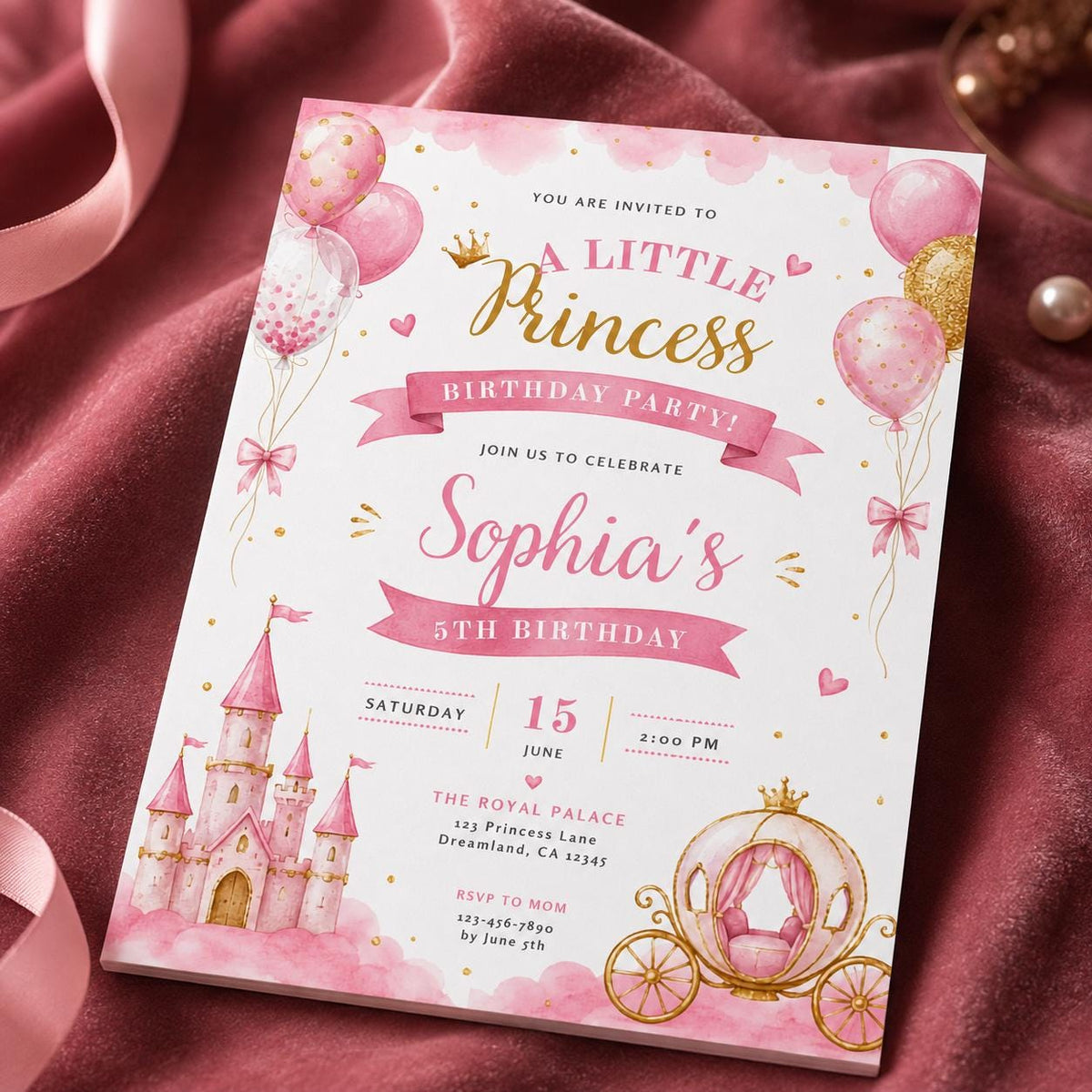 Pink and Gold Princess 5th Birthday Invitation — 5th birthday party stationery by VoltBy