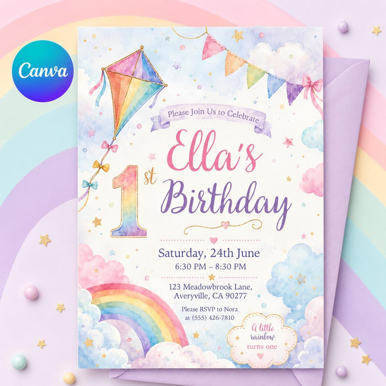 Pink and Gold Rainbow 1st Birthday Invitation for Girls