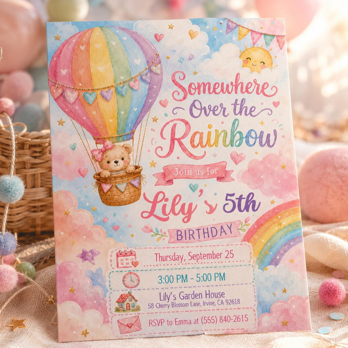 Pink and Gold Rainbow Hot Air Balloon Birthday Invitation for Girls — print-ready birthday party design from VoltBy