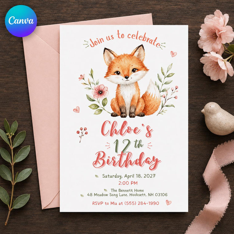 Pink and Green Fox 12th Birthday Invitation for Girls