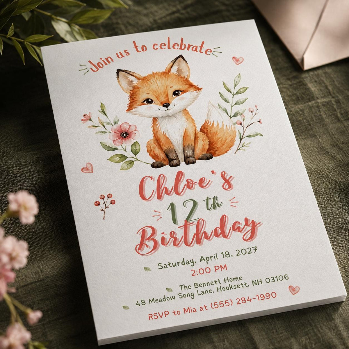 Pink and Green Fox 12th Birthday Invitation for Girls — print-ready 12th birthday party design from VoltBy