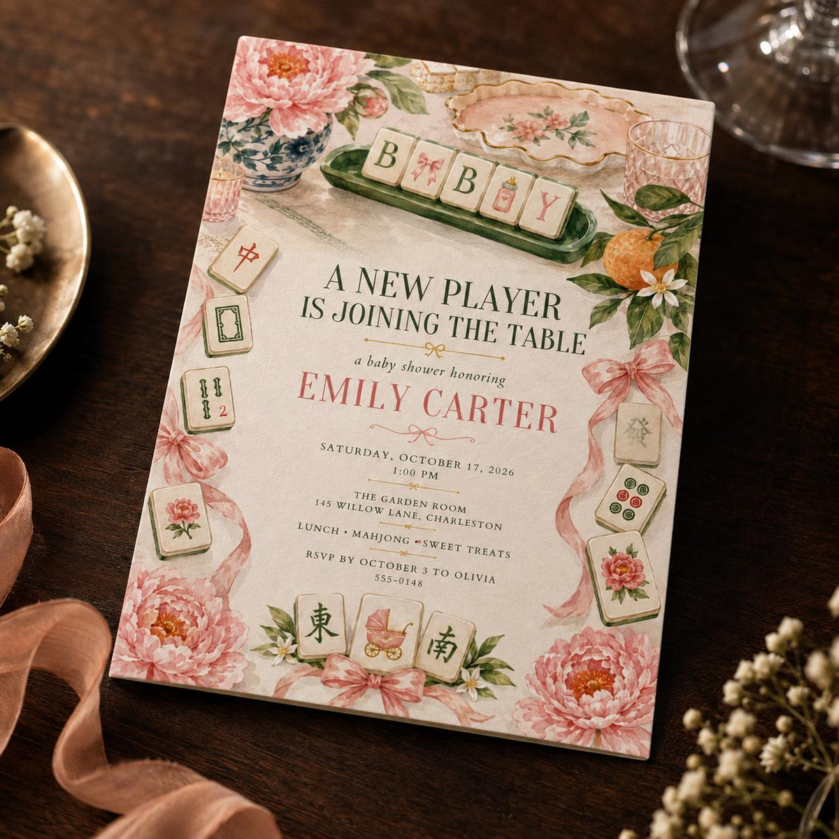 Pink and Green Mahjong Baby Shower Invitation — print-ready baby shower design from VoltBy
