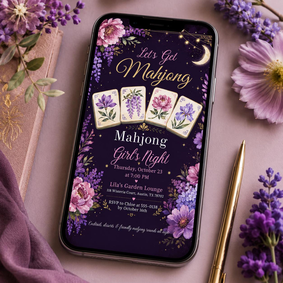 Pink and Green Mahjong Girls Game Night Invitation — design view 4