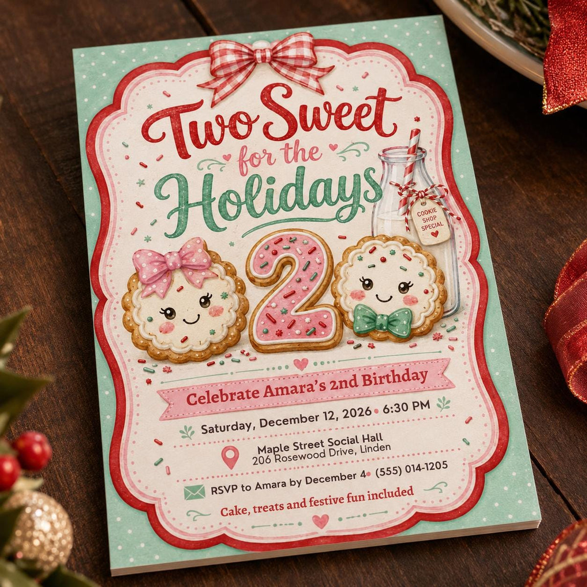 Pink and Green Two Sweet Christmas Birthday Invitation for Girls — digital invitation, instant download