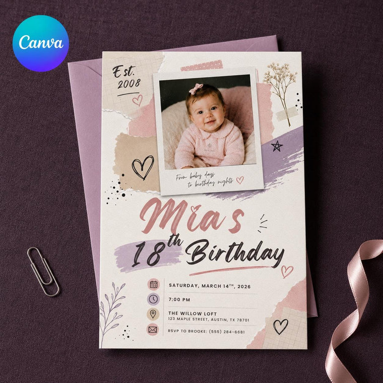 Pink and Lavender Scrapbook Photo 18th Birthday Invitation