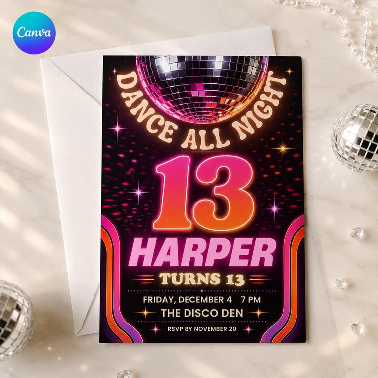 Pink and Orange Disco 13th Birthday Invitation
