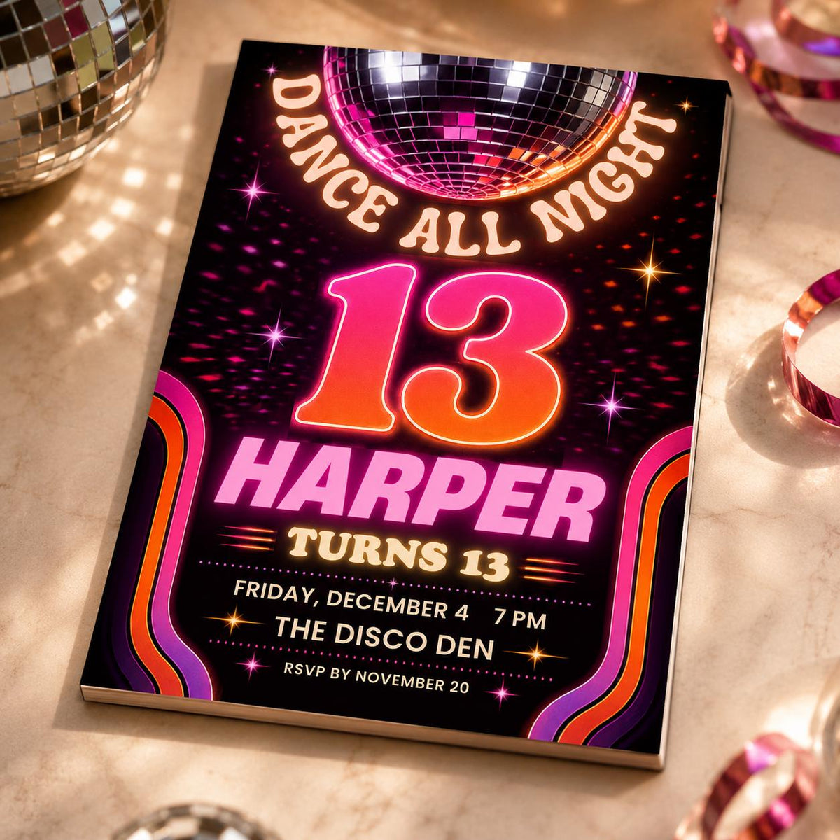 Pink and Orange Disco 13th Birthday Invitation — digital invitation, instant download