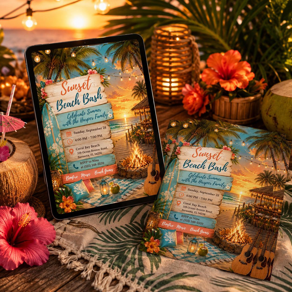 Pink and Orange Sunset Beach Bash Invitation — print-ready birthday party design from VoltBy