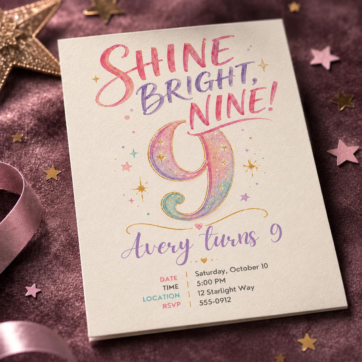 Pink and Purple 9th Birthday Invitation for Girls — digital invitation, instant download