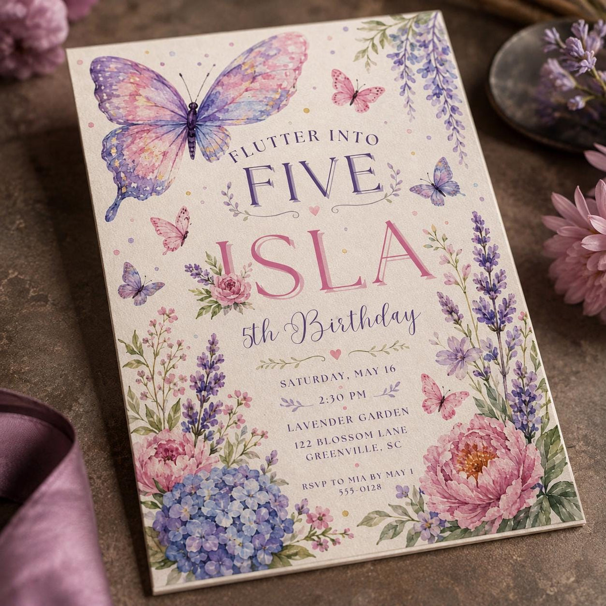 Pink and Purple Butterfly 5th Birthday Invitation — print-ready 5th birthday party design from VoltBy