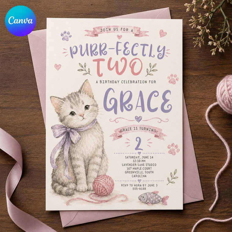 Pink and Purple Cat 2nd Birthday Invitation