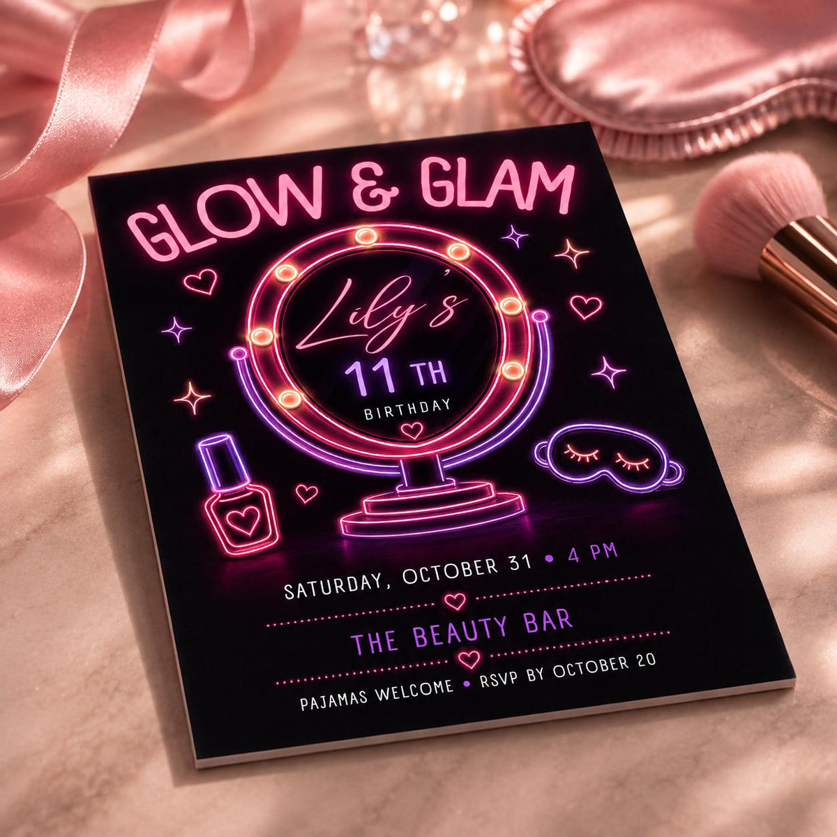 Pink and Purple Glow and Glam 11th Birthday Invitation for Girls — print-ready 11th birthday party design from VoltBy