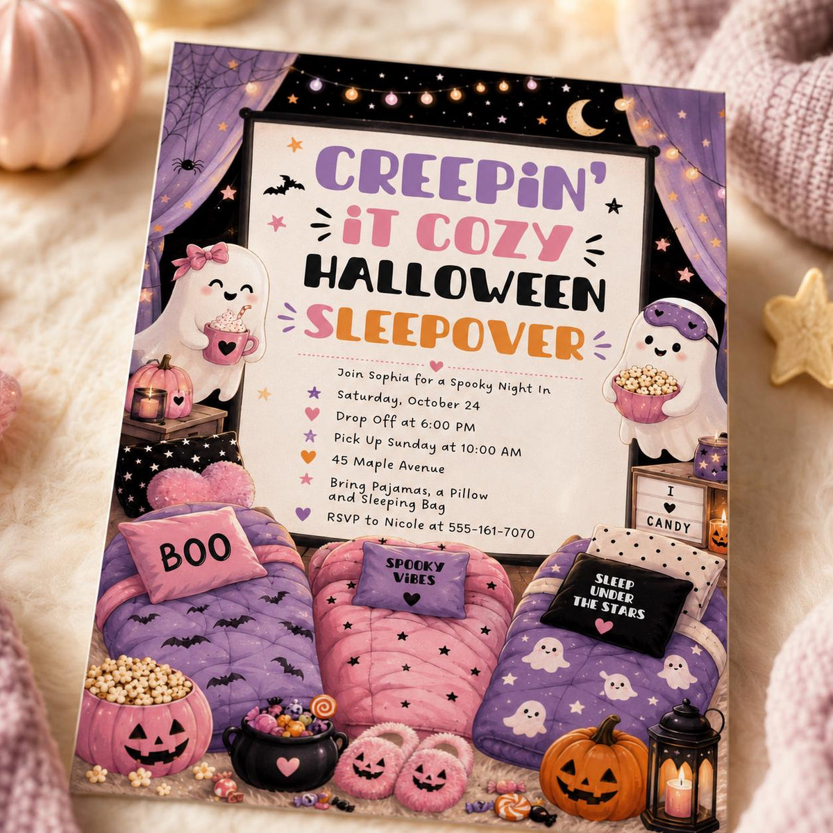 Pink and Purple Halloween Sleepover Invitation for Girls — Halloween party stationery by VoltBy