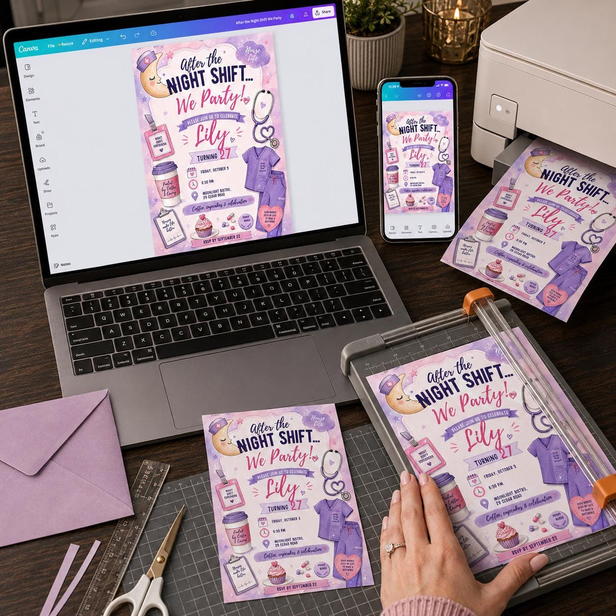 Pink and Purple Night Shift Nurse 27th Birthday Invitation — 27th birthday party stationery by VoltBy