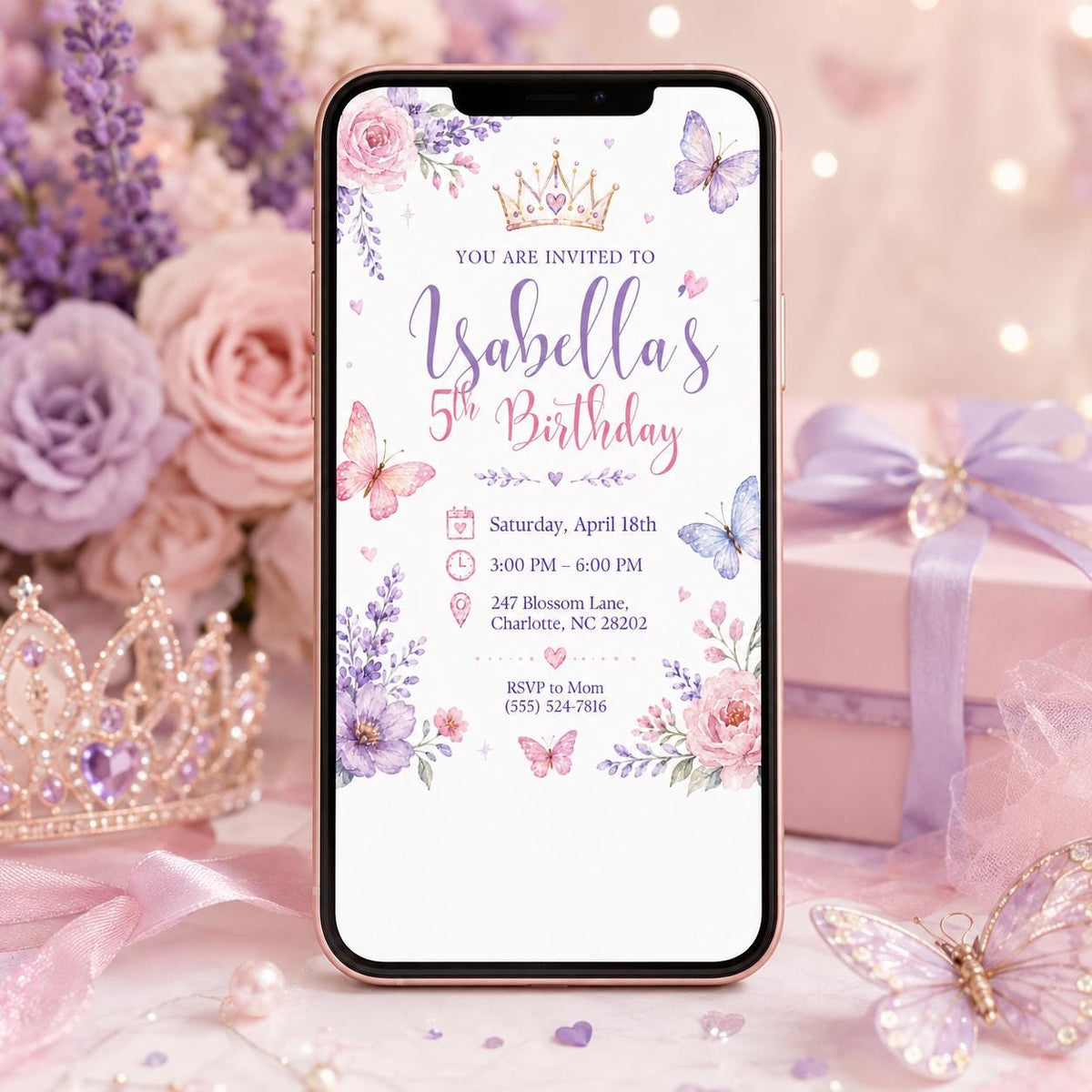 Pink and Purple Princess 5th Birthday Invitation for Girls — print-ready 5th birthday party design from VoltBy